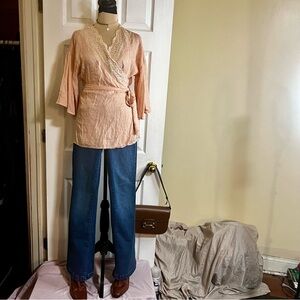 New Entro Womens Swiss Dot Pastel Pink Ballet Wrap Romantic Boho Eyelet Tunic M